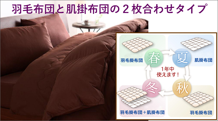 羽毛布団と肌掛布団の2枚合わせタイプだから、一年中快適に使えます。