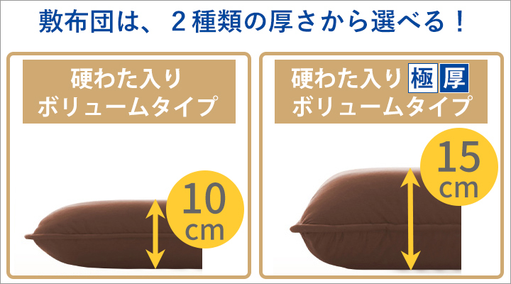 敷布団は厚みによって、2タイプから選べます。