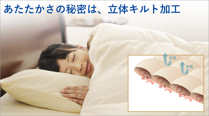 羽毛の片寄りを防ぐ立体キルト加工だから、暖かい!