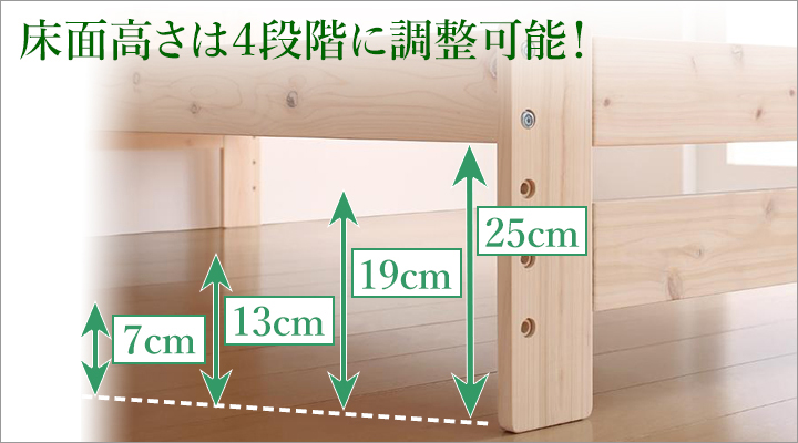 床面の高さは4段階に調節可能!自分好みやライフスタイルに合わせて柔軟に対応できます。